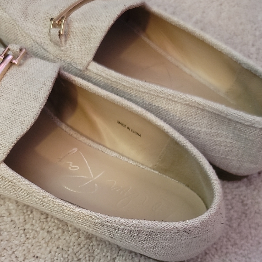 Beige Woven Style Loafers with Gold Buckle - Picture 2 of 9
